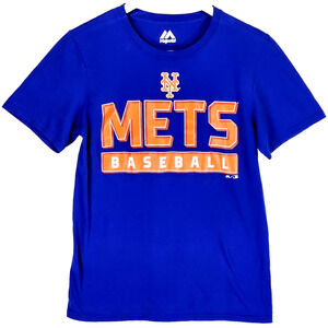 Majestic New York Mets Baseball T-Shirt Blue Orange White Crewneck Size Small